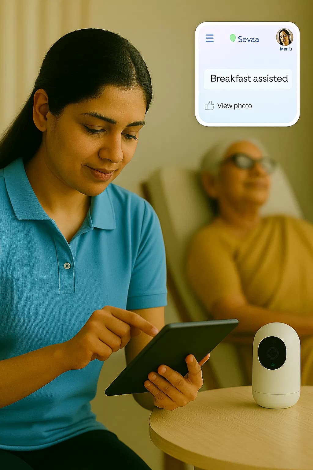 Family reviewing the Sevaa smart monitoring dashboard