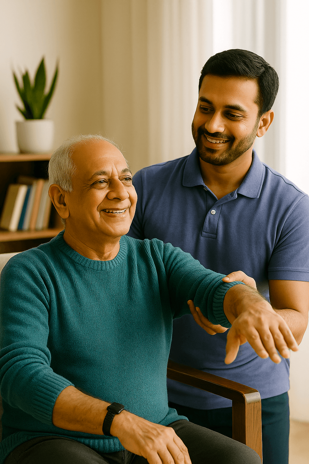Nurse assisting an elder with physiotherapy at home